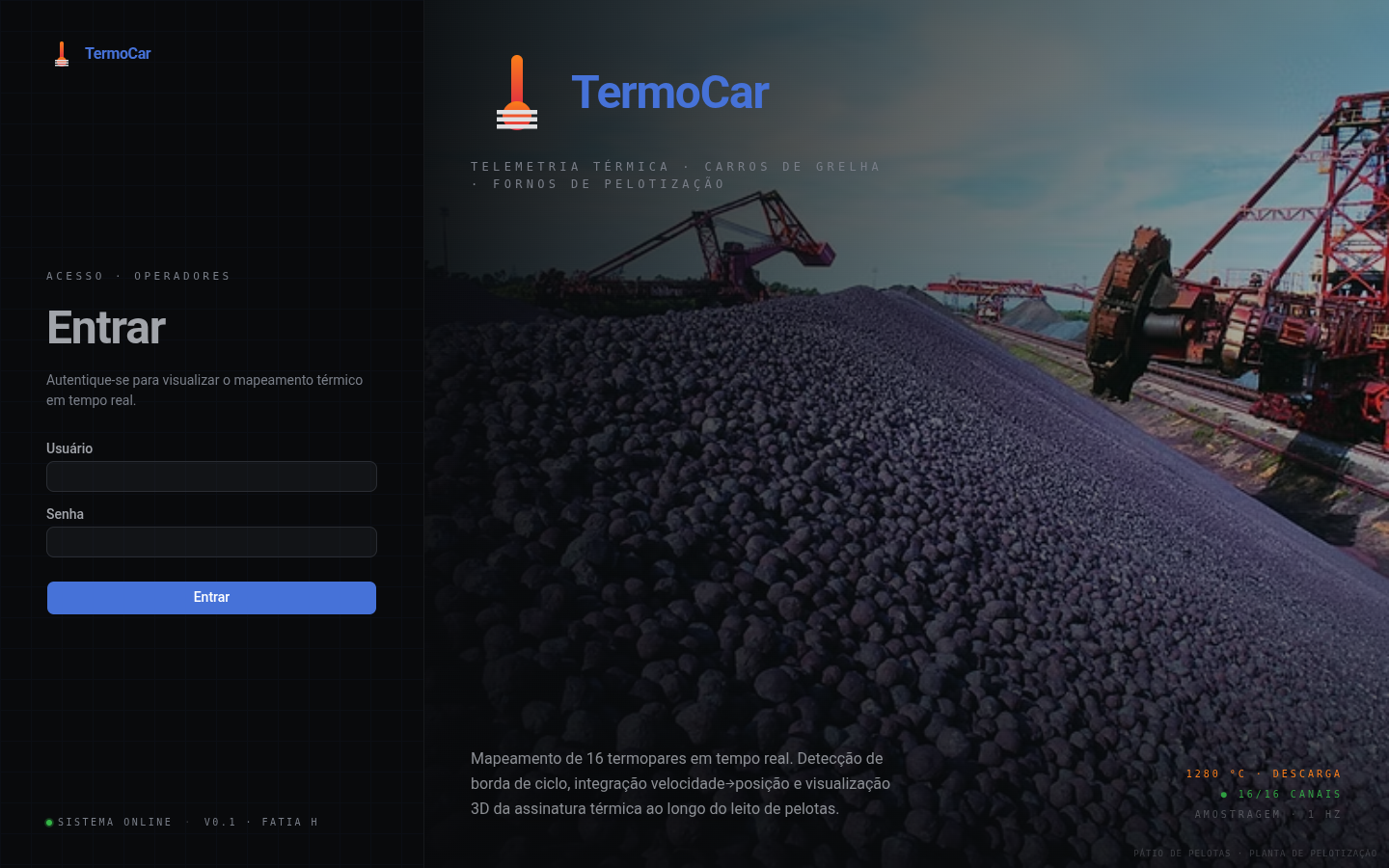 Tela de login do sistema TermoCar aplicada sobre ambiente industrial de pátio e pelotização